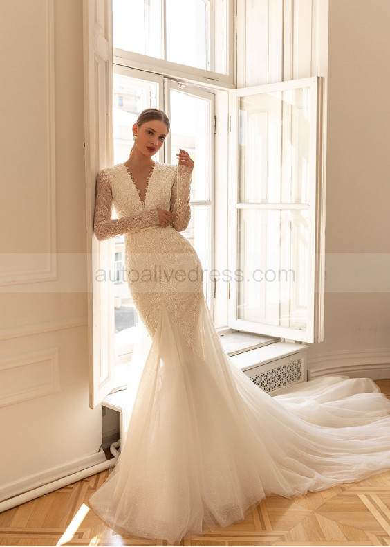 Beaded Ivory Lace Glitter Tulle Timeless Wedding Dress